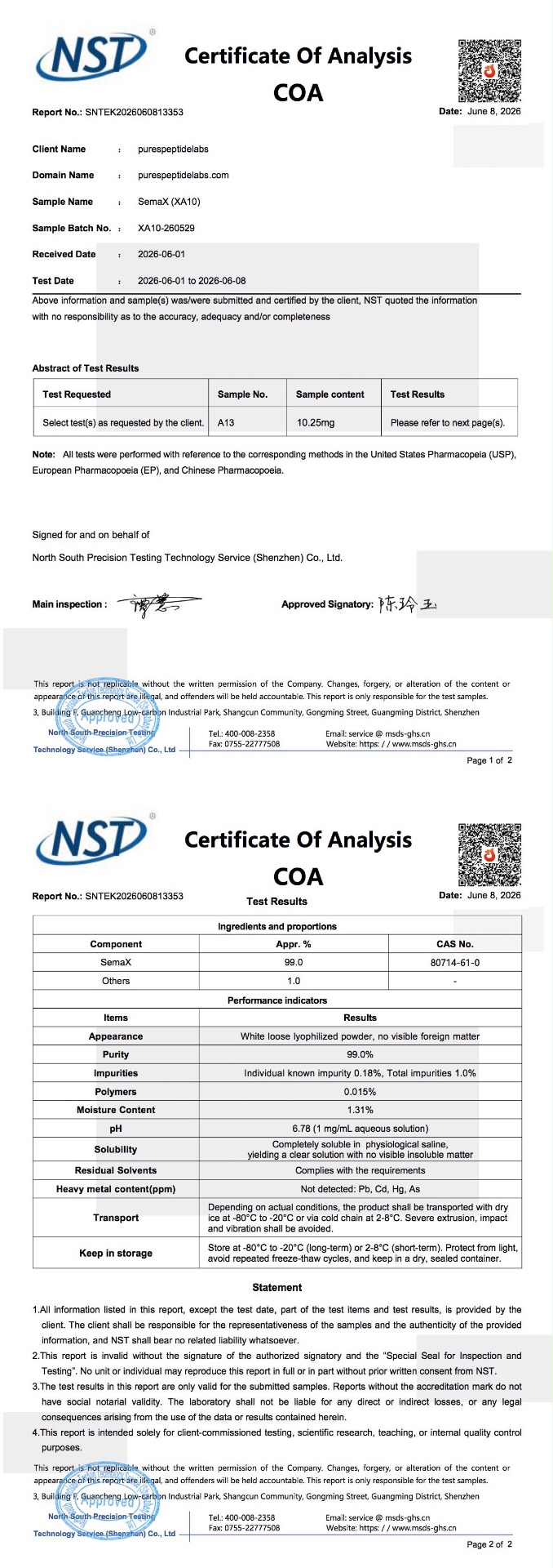 Certificate of Analysis for SemaX (XA10), batch XA10-260529